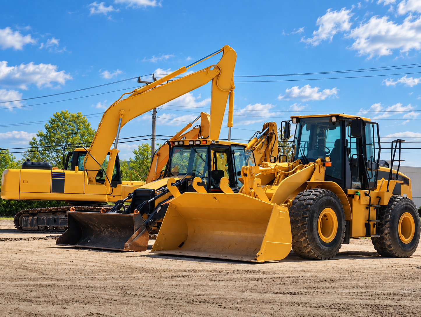 Excavators and wheel loaders lined up and ready to work