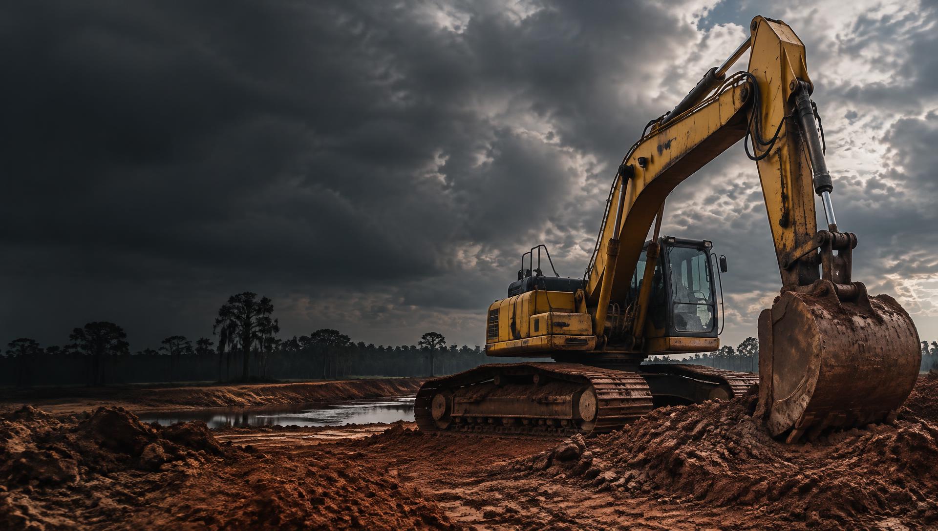 Heavy excavator on a Louisiana red clay job site